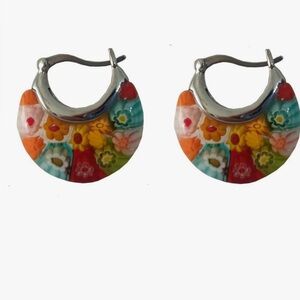 Colorful Floral Murano Mille Fiore Hoop Silver Earrings